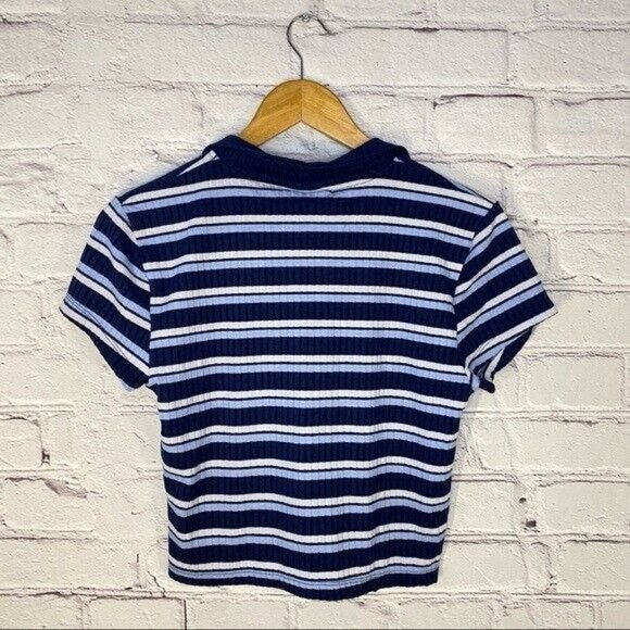 Just Polly NY Women’s Shirt Large Ribbed Blue Stripe Polo Crop Top Y2K 90’s NWOT - Picture 5 of 5